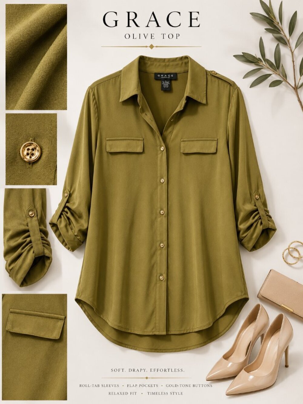 Grace Olive Button Down Collared Long Sleeve Top NWT